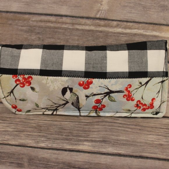 Robin Printed Black & White Buffalo Check Berries Zippered Pouch & Sunglass Case - Picture 6 of 11